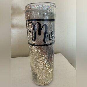 “Mrs.” Glittery beige, gold and gray travel mug. Perfect for bachelorette gift.